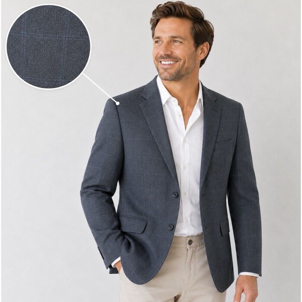 IZOD 41R Sport Coat Blue Windowpane Wool Silk Blend Blazer 2 Button Mens